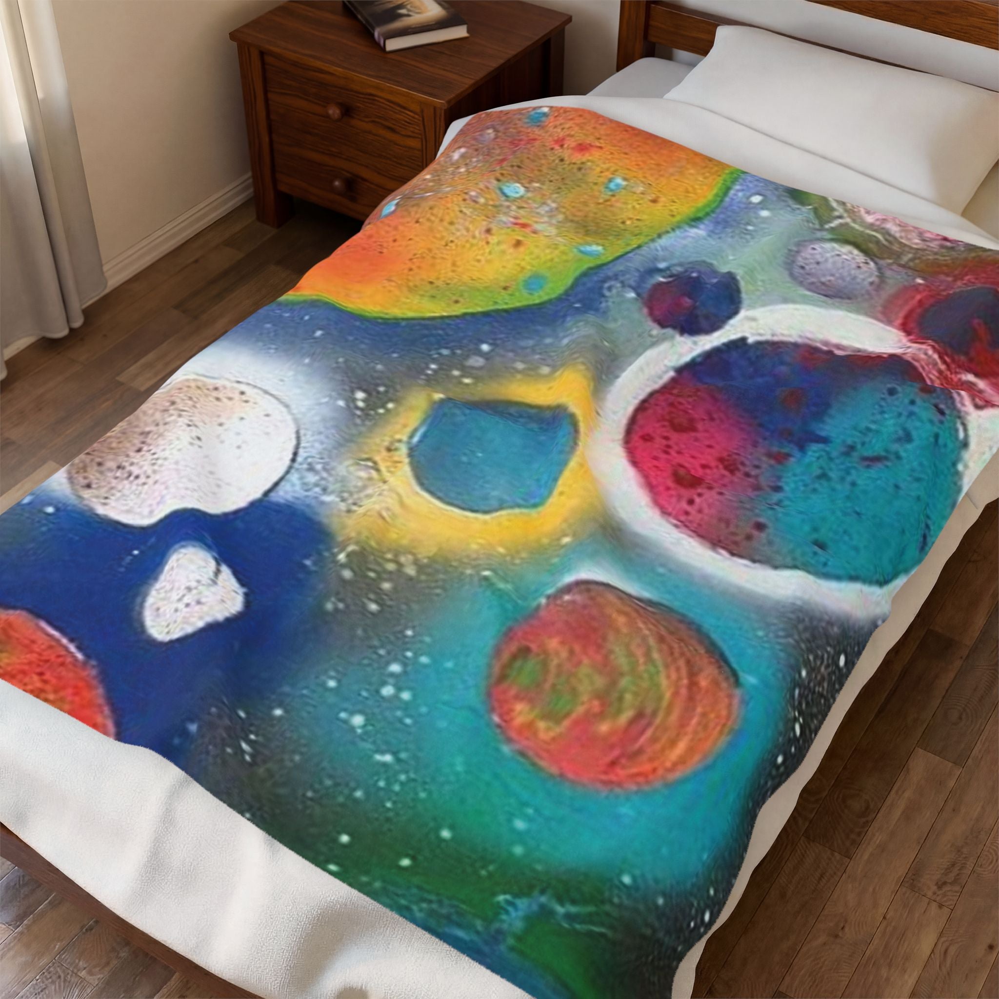 Cosmic Planets Velveteen Plush Blanket — Colorful Space Galaxy Throw