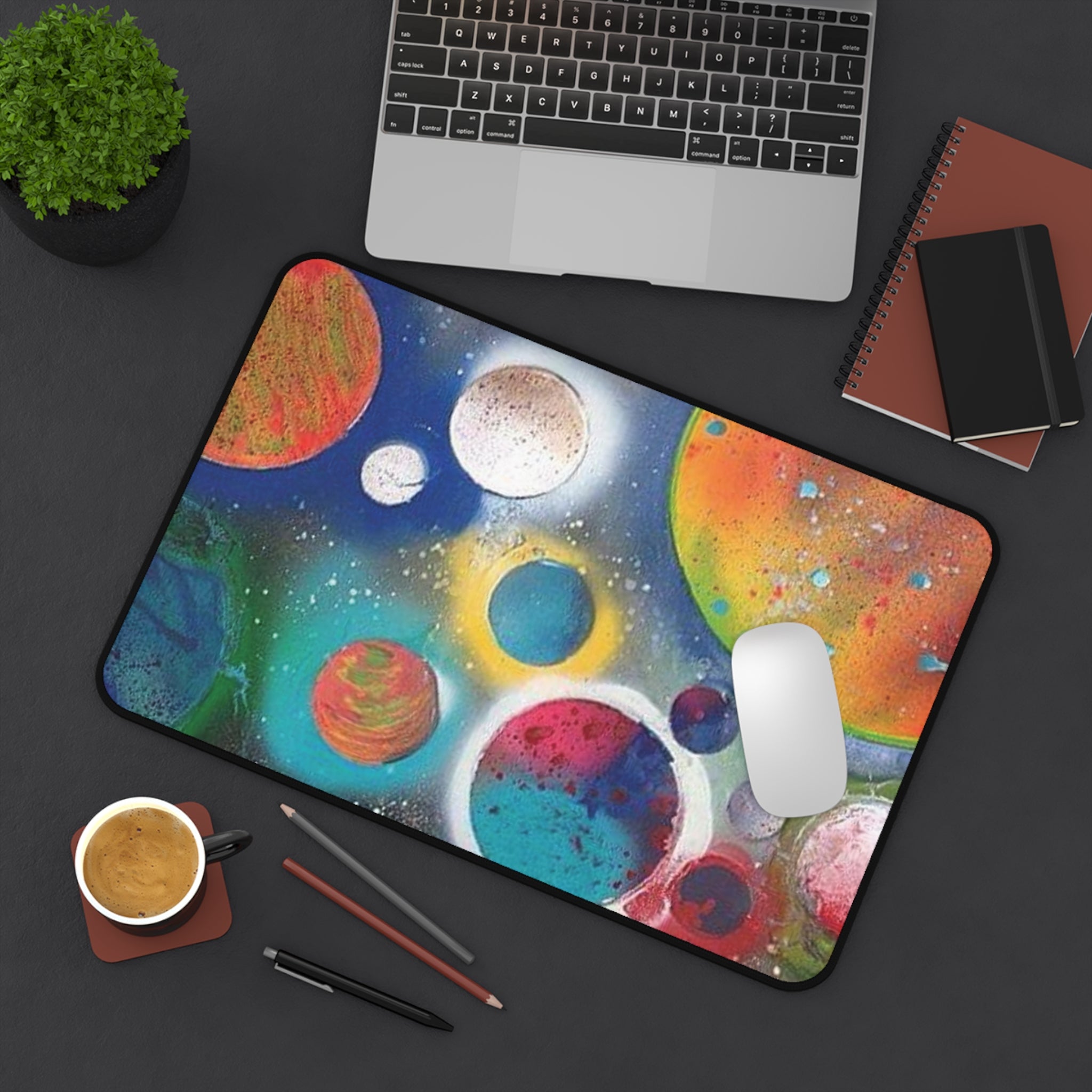 Colorful Planets Desk Mat — Vibrant Cosmic Galaxy Mouse Pad for Office & Gaming
